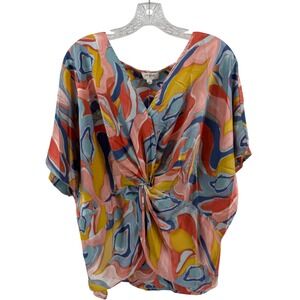 Umgee USA Abstract Swirl Twist Front V-Neck Dolman Blouse Top Multi Large NEW